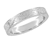 Hand Carved Leaves & Scrolls 5mm Wide Western Platinum Vintage Style Wedding Ring