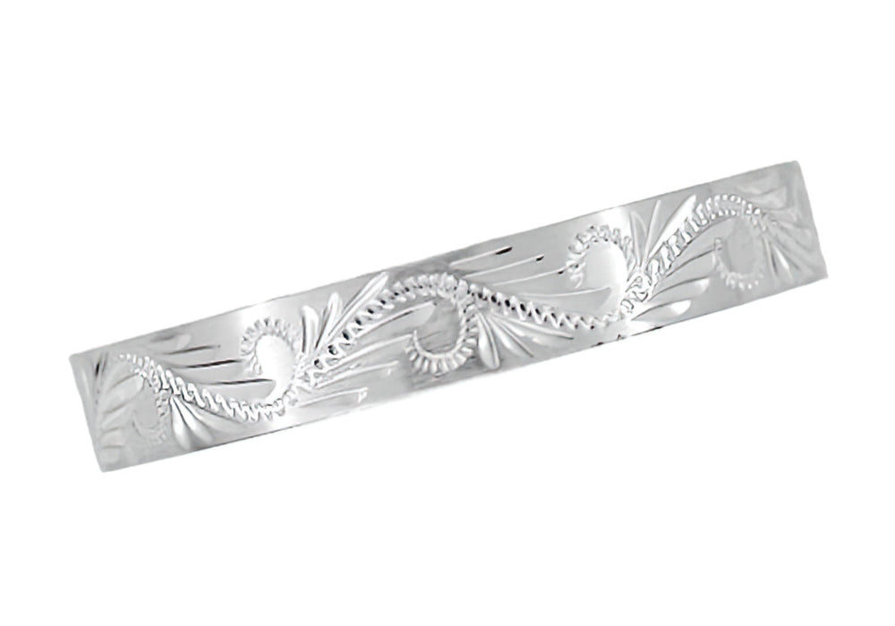 Hand Carved Leaves & Scrolls 5mm Wide Western Platinum Vintage Style Wedding Ring - Item: R1161P - Image: 2
