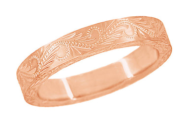 14 Karat Rose Gold 5mm Wide Western Hand Engraved Scrolls & Leaves Vintage Style Wedding Ring