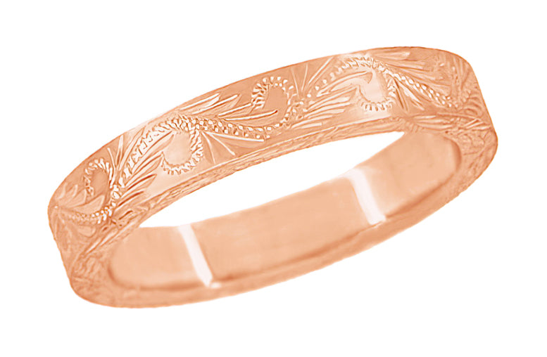 14 Karat Rose Gold 5mm Wide Western Hand Engraved Scrolls & Leaves Vintage Style Wedding Ring