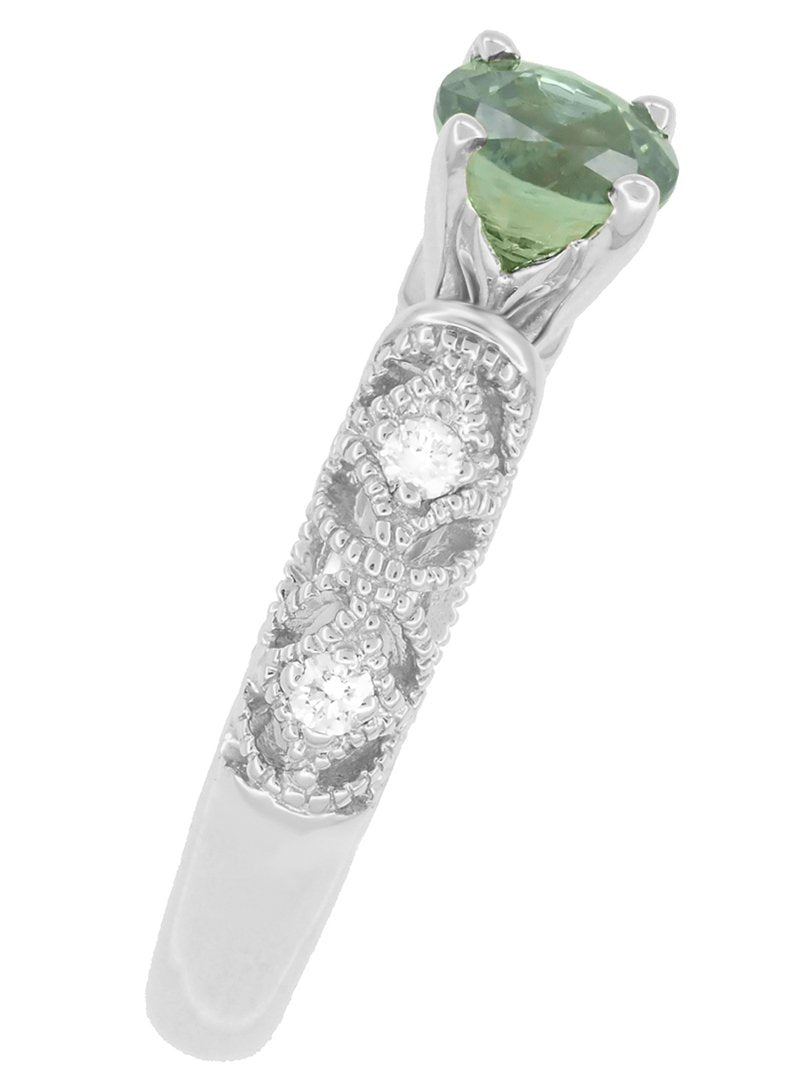 Freda Antique Inspired Filigree Green Sapphire and Diamond Engagement Ring in 14K White Gold - Item: R1190W2GS - Image: 7