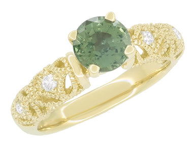 Adele Vintage Inspired Filigree Green Sapphire and Diamond Engagement Ring in 14K Yellow Gold
