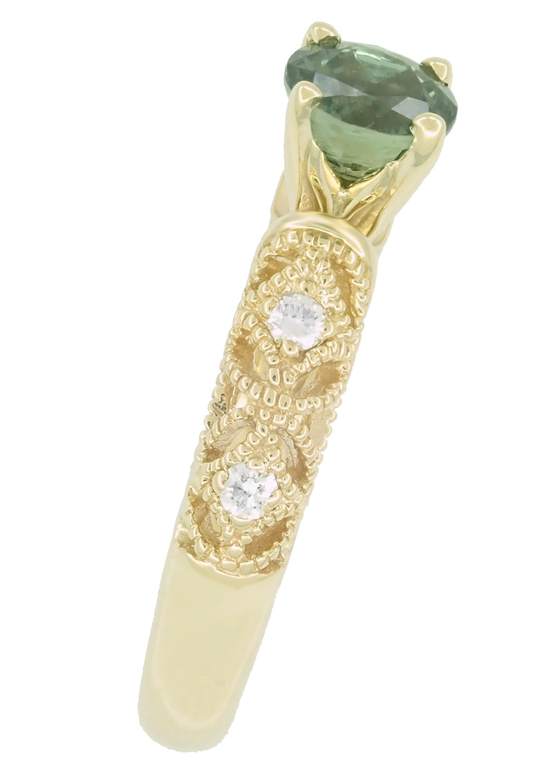 Adele Vintage Inspired Filigree Green Sapphire and Diamond Engagement Ring in 14K Yellow Gold - Item: R1190Y2GS - Image: 6