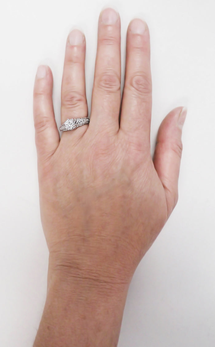 3/4 Carat Vintage Engagement Ring Design R1196W75D on Live Hand