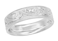 Art Deco Vintage Hand Carved Scrolls Mens Platinum Western Wedding Band