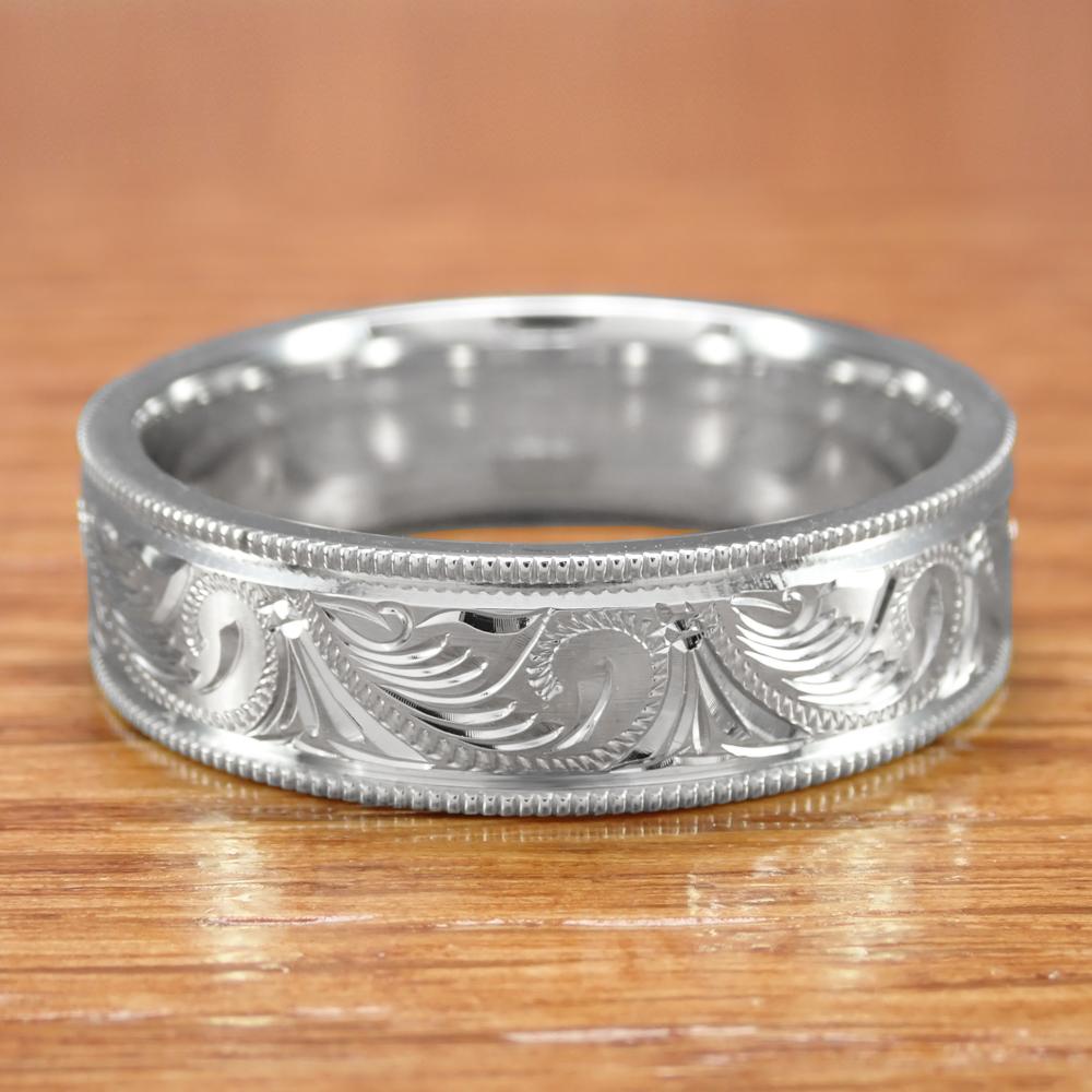 Mens Vintage Engraved Scrolls Western Wedding Band - 14K White Gold - 6.5mm Wide 