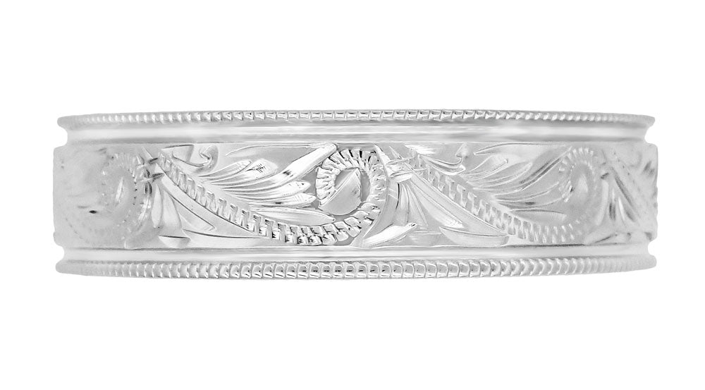 Men's Wide Vintage Carved Scrolls Western Wedding Band in White Gold - 6.5mm 