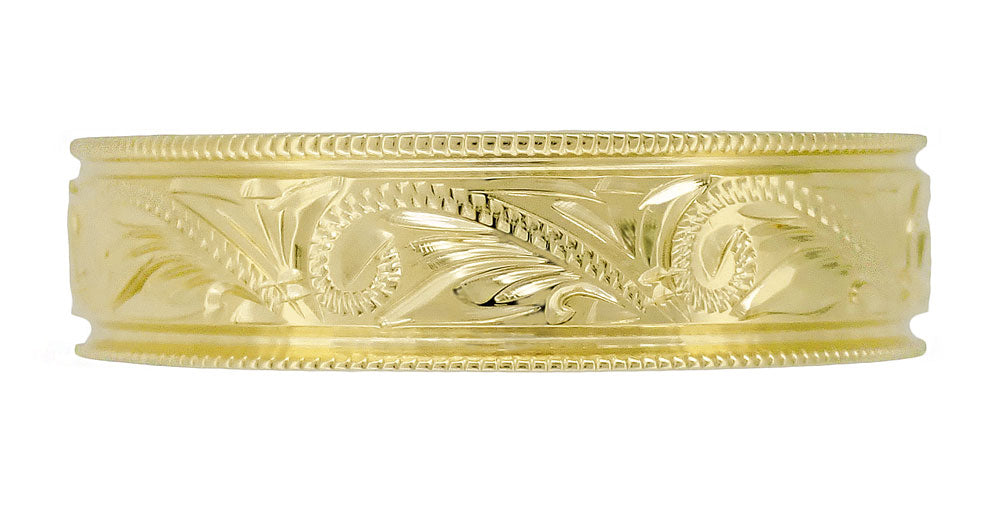 A yellow gold, hand engraved Art Deco style men's wedding band with a vintage western scroll design in 14K, 18K or 10K yellow gold, 6mm wide.
