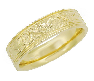 Yellow Gold Men's Hand Engraved Art Deco Scrolls 6mm Vintage Style Western Wedding Band - alternate view
