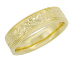 Yellow Gold Men's Hand Engraved Art Deco Scrolls 6mm Vintage Style Western Wedding Band