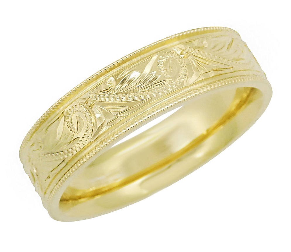 Yellow Gold Men's Hand Engraved Art Deco Scrolls 6mm Vintage Style Western Wedding Band - Item: R1204Y10 - Image: 2