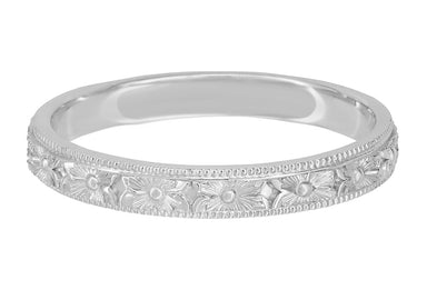 Antique Edwardian Pansy Flowers Sculptural Platinum Wedding Band - 3mm - alternate view