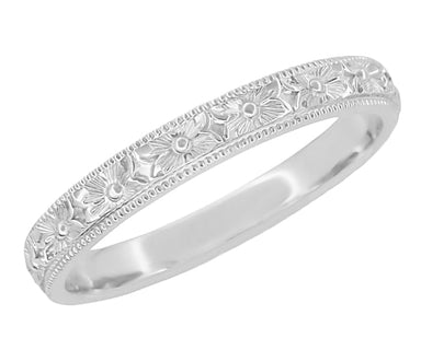 Hand Carved Pansy Flowers Antique Edwardian Wedding Band with Milgrain Edges - 3mm Wide White Gold 10K 14K or 18K