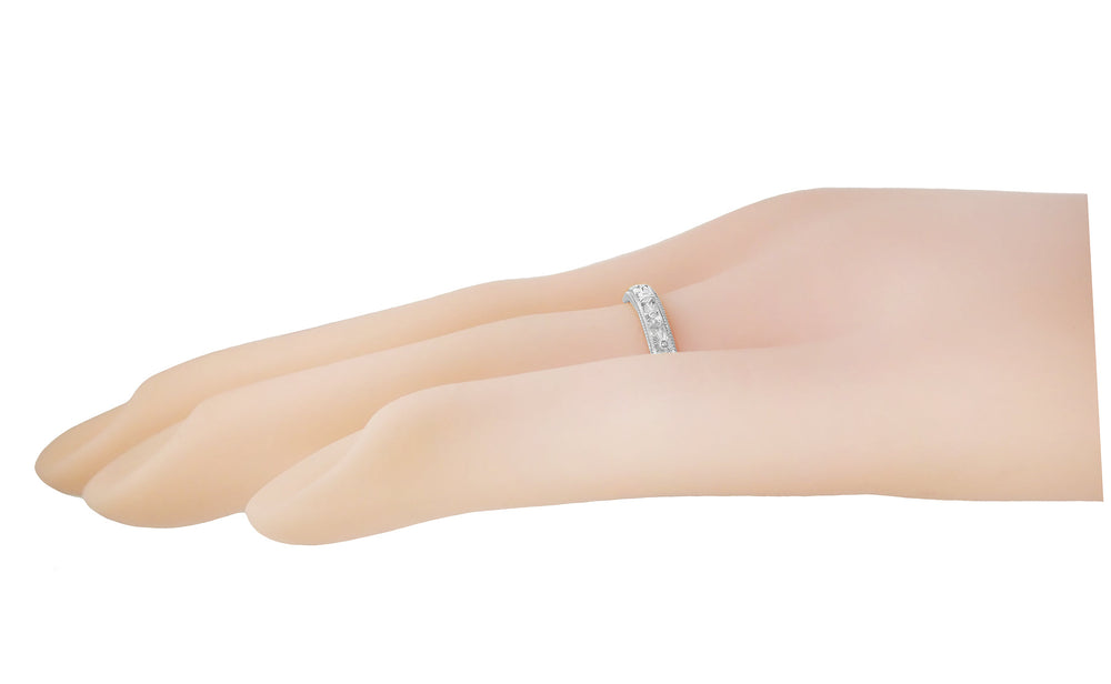 Edwardian Pansy Flowers Hand Engraved Wedding Band in White Gold - 3mm Wide - Item: R1234W10 - Image: 4