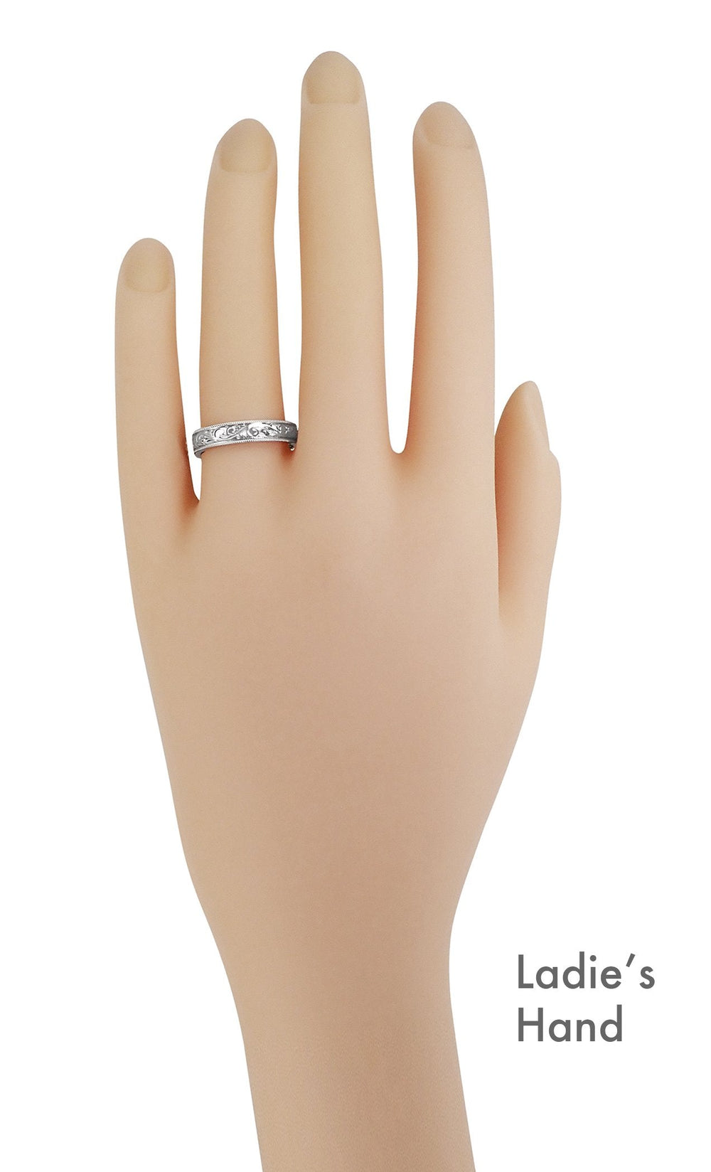 R1235MP on a Ladies Hand - Mens 4mm Scroll Engraved Antique Platinum Wedding Band for Couples