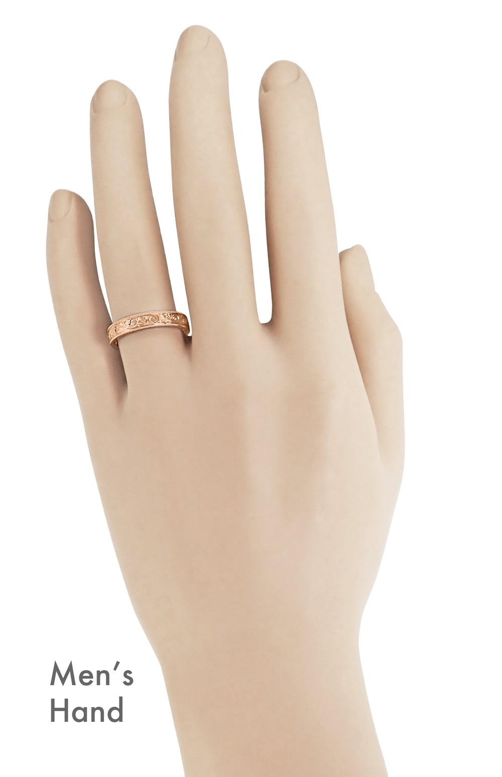 R1235MR on Hand - Antique Rose Gold Mens Wedding Band With Acanthus Engraving