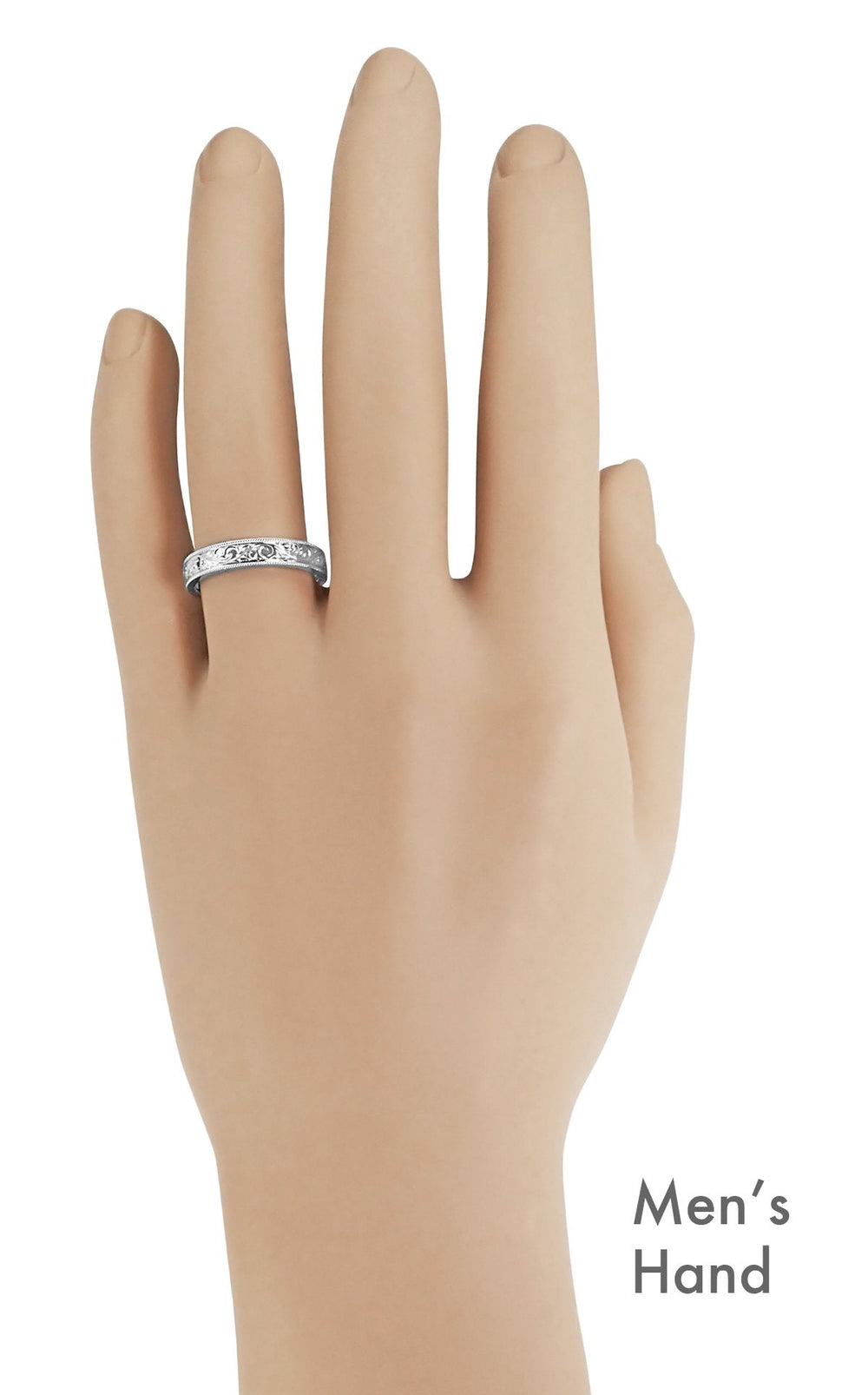 White Gold 4mm Wide Vintage Acanthus Band on a Mans Hand - R1235MW