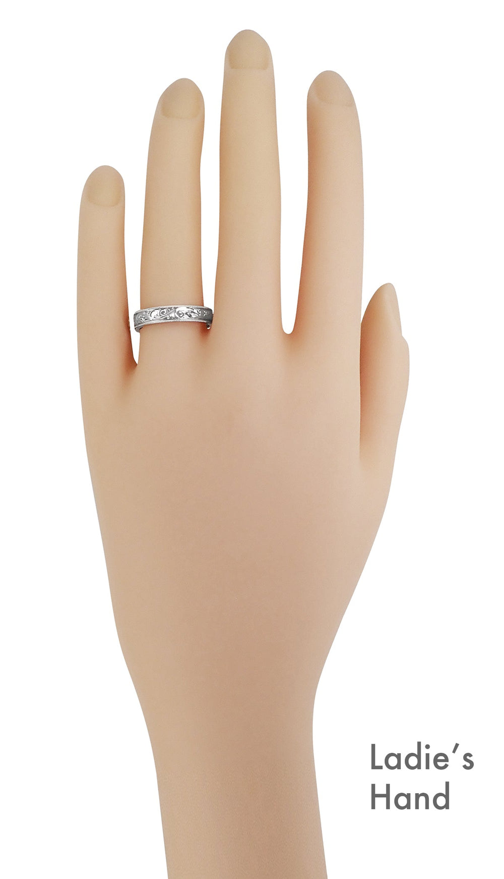White Gold 4mm Wide Vintage Acanthus Wedding Band for Couples on a Womans Hand - R1235MW