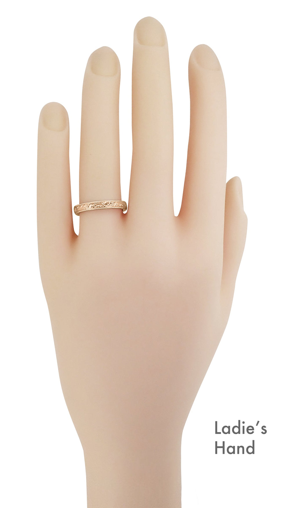 Ladies Hand With Rose Gold Scroll Carved Antique Victorian Wedding Band - R1325R