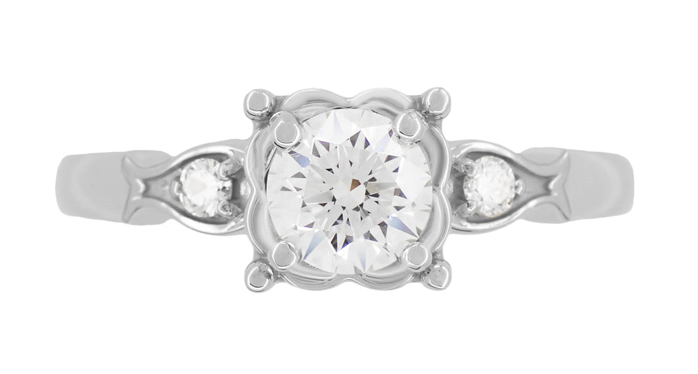 Mid Century Diamond Engagement Ring with Fish Shaped Side Silhouettes in White Gold - 1/2 Carat Center Diamond in a Square Fishtail Setting - Item: R1243W - Image: 3