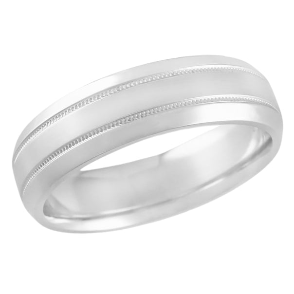 Mid Century Modern Men's Double Milgrain Center Wedding Band in 14 Karat White Gold - 6mm Wide