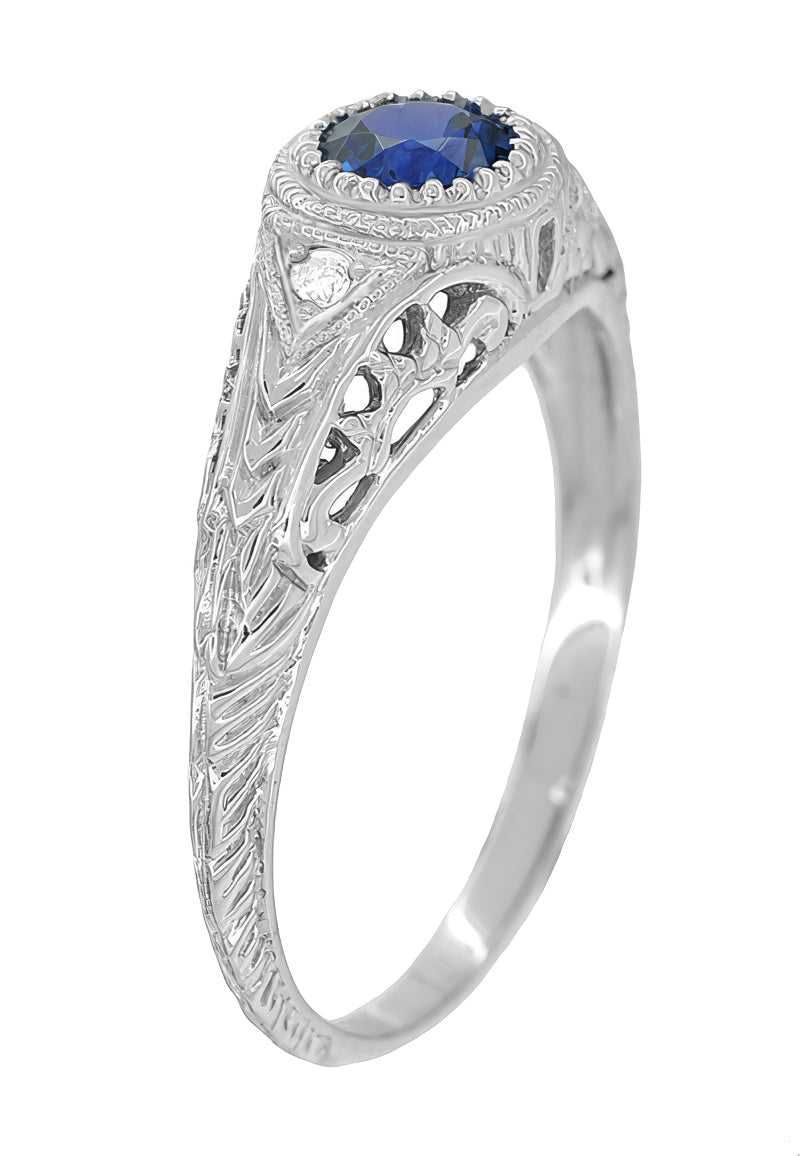 Art Deco Engraved Sapphire and Diamond Filigree Engagement Ring in 14 Karat White Gold - Item: R138 - Image: 2