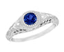 Platinum Filigree Low Dome Antique Blue Sapphire Engagement Ring with Side Diamonds - R138P