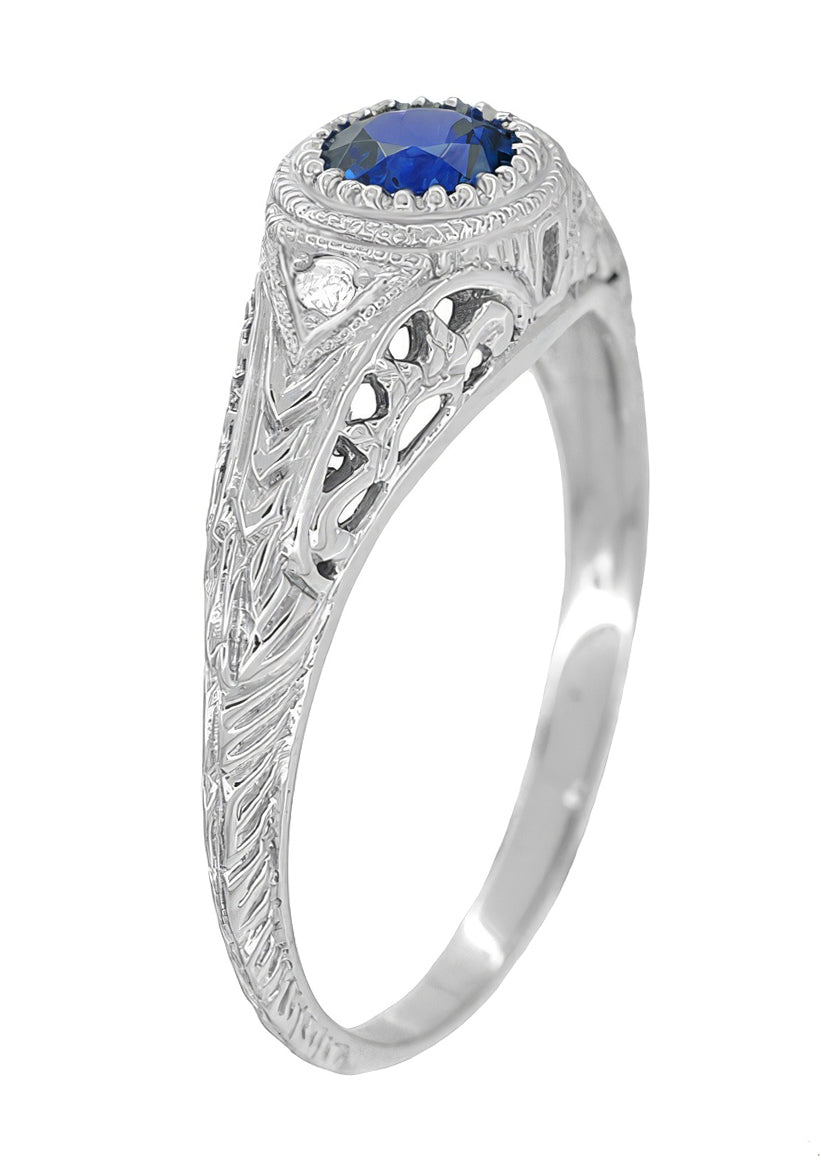 Art Deco Engraved Sapphire and Diamond Filigree Engagement Ring in Platinum - Item: R138P - Image: 2