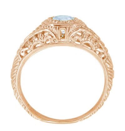 Rose Gold Engraved Filigree Art Deco Aquamarine Low Dome Engagement Ring with Side Diamonds - Item: R138RA-2 - Image: 3