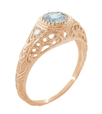 Rose Gold Engraved Filigree Art Deco Aquamarine Low Dome Engagement Ring with Side Diamonds - Item: R138RA-2 - Image: 2