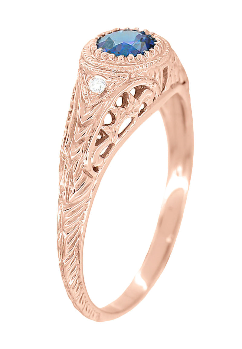 14 Karat Rose Gold Art Deco Filigree Lab Grown Alexandrite Engagement Ring With Side Diamonds - Item: R138RAL - Image: 2