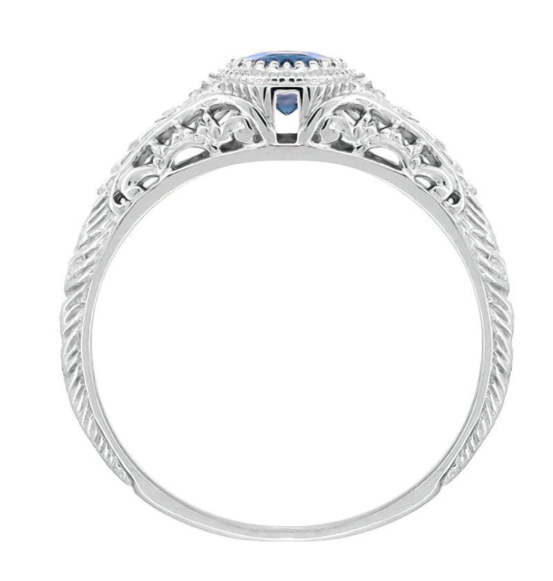 1920's Art Deco Filigree Lab Alexandrite Engagement Ring in White Gold With Side Diamonds - Item: R138WAL - Image: 3