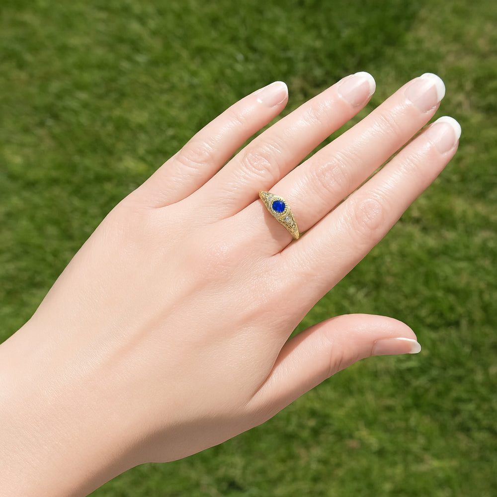 Art Deco Low Dome Yellow Gold Sapphire Filigree Engagement Ring with Side Diamonds - Item: R138Y14 - Image: 6