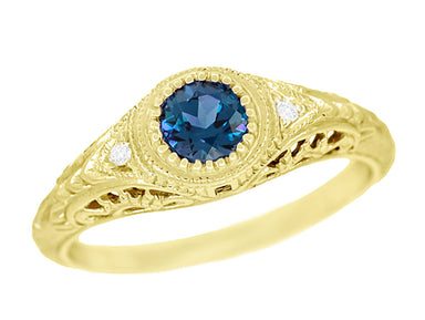 Art Deco Yellow Gold Low Dome Filigree Alexandrite Engagement Ring with Side Diamonds