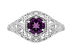 Amethyst and Diamonds Filigree Scroll Dome Edwardian Engagement Ring in 14 Karat White Gold