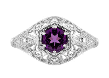 Amethyst and Diamonds Filigree Scroll Dome Edwardian Engagement Ring in 14 Karat White Gold - alternate view