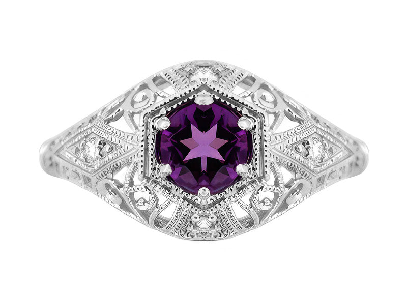 Amethyst and Diamonds Filigree Scroll Dome Edwardian Engagement Ring in 14 Karat White Gold - Item: R139 - Image: 2