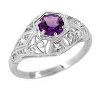 Amethyst and Diamonds Filigree Scroll Dome Edwardian Engagement Ring in 14 Karat White Gold