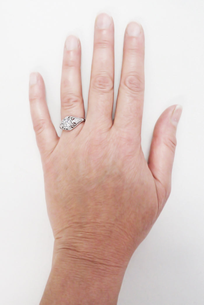 Edwardian Antique Engagement Ring R139PD on a Real Hand