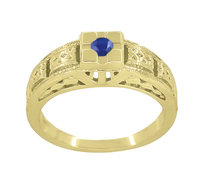 Art Deco Square Top Filigree Engraved Blue Sapphire Ring in 14 Karat Yellow Gold - Item: R160YS - Image: 3