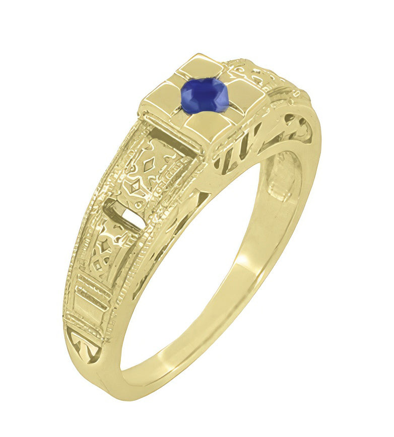 Art Deco Square Top Filigree Engraved Blue Sapphire Ring in 14 Karat Yellow Gold - Item: R160YS - Image: 2