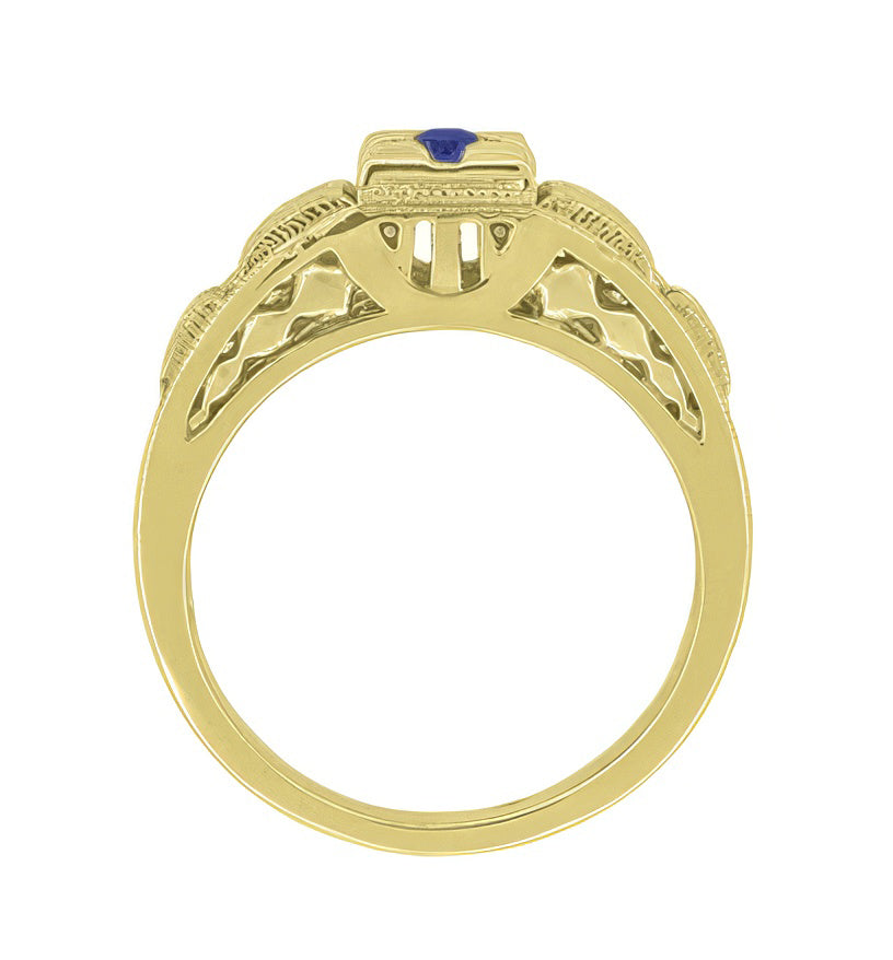 Art Deco Square Top Filigree Engraved Blue Sapphire Ring in 14 Karat Yellow Gold - Item: R160YS - Image: 4
