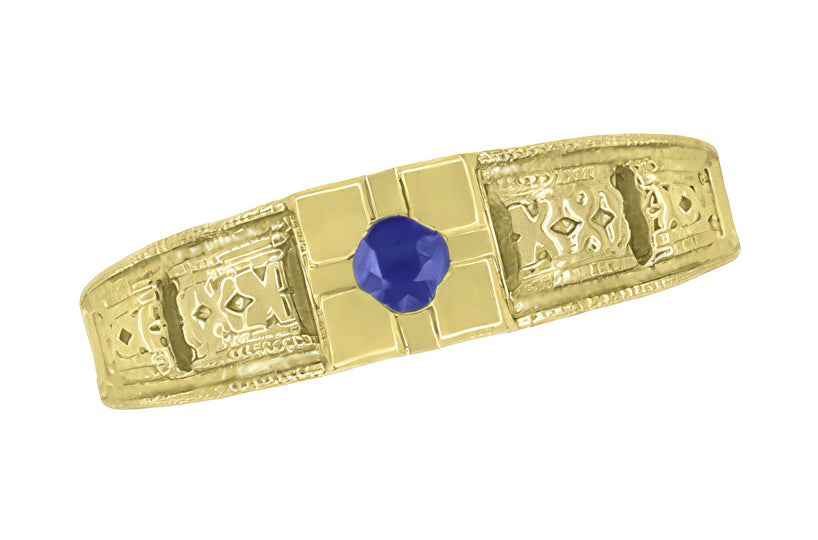 Art Deco Square Top Filigree Engraved Blue Sapphire Ring in 14 Karat Yellow Gold - Item: R160YS - Image: 5