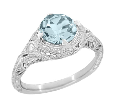 Platinum 1920's Antique Reissue Art Deco Filigree Aquamarine Engagement Ring