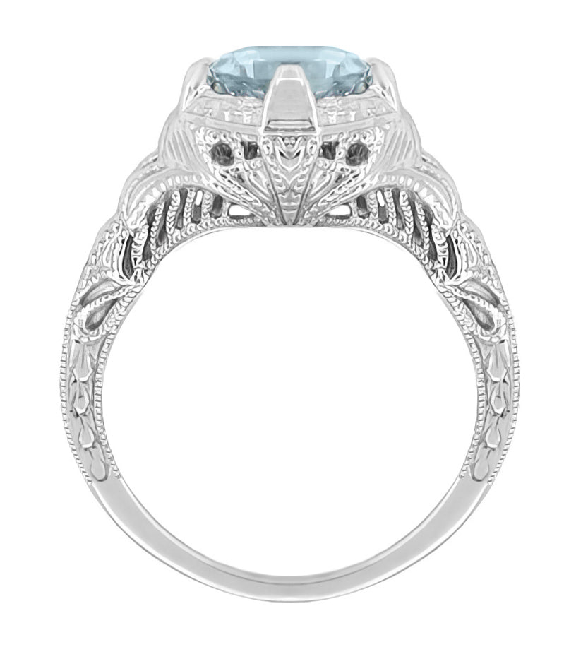 Platinum 1920's Antique Reissue Art Deco Filigree Aquamarine Engagement Ring - Item: R161PA - Image: 2