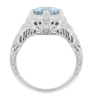 Art Deco Engraved Filigree Aquamarine Engagement Ring in 14 Karat White Gold -  1.25 Carat