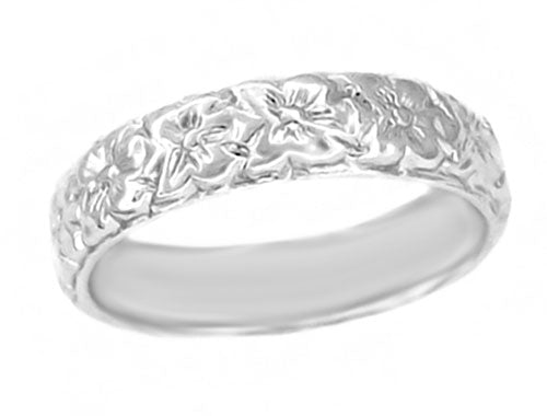 Blossomy Art Deco Tropic Flowers Wedding Band in White Gold - 4.7mm Wide