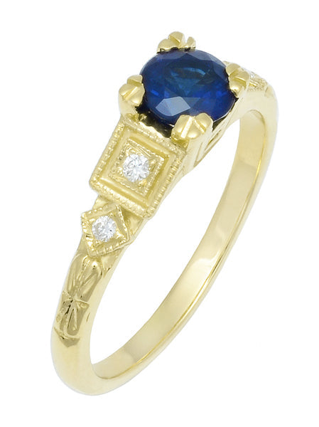Side Starburst Engraving and Side Diamonds on Yellow Gold Vintage 1920s Sapphire Engagement RIng - R194Y
