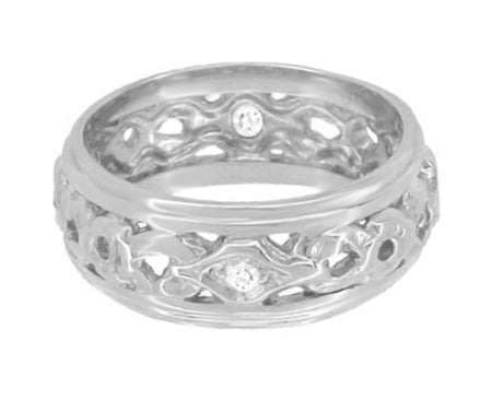 Greenfield Art Deco Filigree 7.5mm Wide Diamond Wedding Band in 14K White Gold - Item: R196 - Image: 2