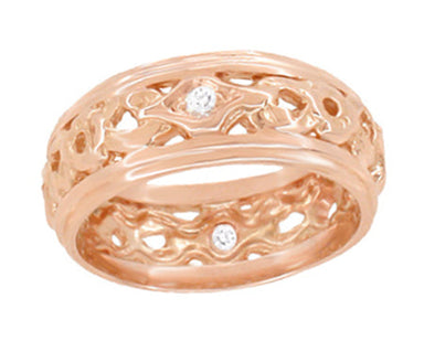 Garlend Art Deco Filigree Wide Diamond Wedding Band in 14 Karat Rose ( Pink ) Gold